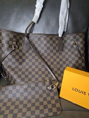 Checkered Monogram Tote with Pouch - Brown (2 Piece Set)